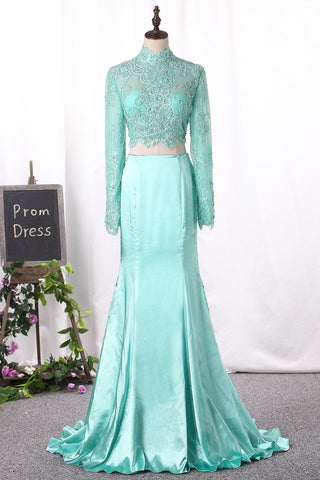 New Arrival Two Pieces Mermaid Elastic Satin&Tulle With Appliques Long Sleeves Prom Dresses