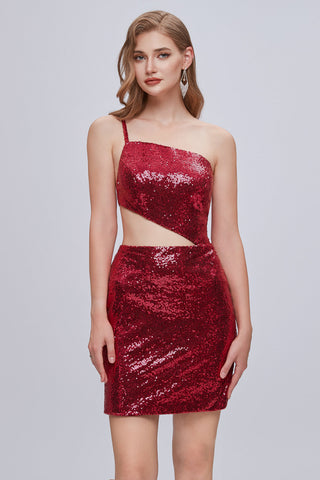 Red One Strap Sequins Open Waist Backless Homecoming Dresses