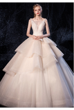 Ball Gown Tulle Wedding Dresses Straps Beads Chapel Train