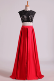 Two Pieces Open Back Prom Dresses Scoop Satin Appliqued&Beaded Bodice Floor Length