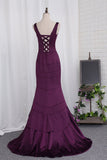 New Arrival Straps Evening Dresses Mermaid Satin Sweep Train Lace Up