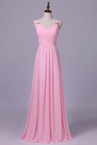 Straps Bridesmaid Dresses A Line Chiffon With Ruffles Floor Length