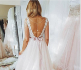 A Line Blush Pink Lace Sweetheart Backless Multi-Layered Organza Beach Wedding Gowns JS231