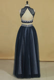 Prom Dresses High Neck Two Pieces Tulle A Line With Beads Floor Length