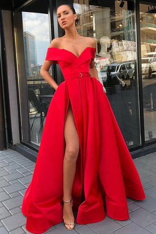 Off the Shoulder Red Satin V Neck Long Prom Dresses, High Slit Party Dresses with Pockets SJS15271