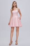 Pink Spaghetti Strap A Line Backless Short Homecoming Dresses