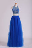 Halter Two Pieces A Line Prom Dresses Beaded Bodice Floor Length