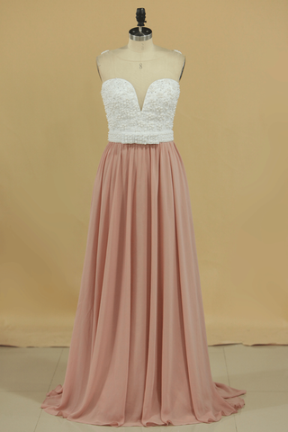 Scoop Prom Dresses A Line Chiffon With Beading Sweep Train