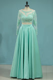 Prom Dresses A-Line Scoop Floor-Length Satin & Lace Color Mint