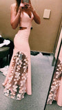 Unique Pink Lace Satin Mermaid Long Prom Dresses V Neck Evening Dresses