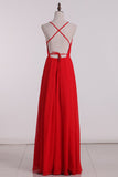 Spaghetti Straps A Line Chiffon With Slit Open Back Evening Dresses