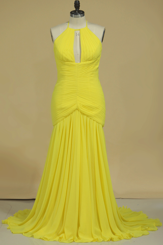 Prom Dress Halter Pleated Bust & Bodice With Shirred Chiffon Skirt Sweep Train