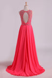 Water Melon Prom Dresses Scoop A Line Beaded Bodice Open Back Chiffon & Tulle Floor-Length