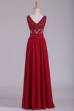 Burgundy V-Neck Prom Dresses A Line Chiffon With Applique