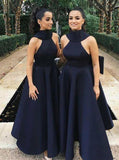 Ball Gown High Neck Satin V Neck Bridesmaid Dresses with Bowknot, Wedding Party Dress SJS15559