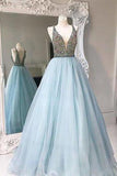 Unique V-neck tulle sequin beading long prom gown evening dresses JS101