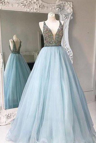 Unique V-neck tulle sequin beading long prom gown evening dresses JS101