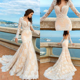 2024 White Lace Mermaid Deep V-Neck Backless Long Sleeve Wedding Dresses JS835