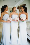 Charming Long Mermaid Light Sky Blue Strapless Elegant Bridesmaid Dresses With Bowknot