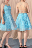 Light Blue Spaghetti Straps Backless Lace Short Homecoming Dresses