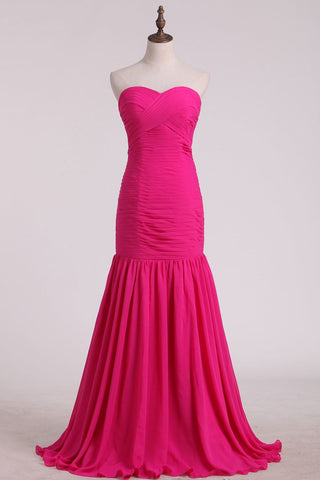 Fuchsia Sweetheart Ruched Bodice Bridesmaid Dresses Mermaid/Trumpet Chiffon Floor Length