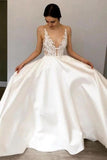 Simple A-Line Deep V Neck Satin Ivory Wedding Dress With Lace SJSPR2KHCZB