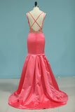 Mermaid Spaghetti Straps Prom Dresses Satin With Beading