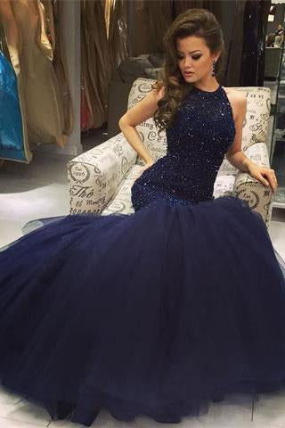 Mermaid Navy Scoop Sleeveless Prom Dress with Beading JS666