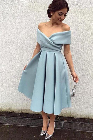 Off The Shoulder A Line Prom Dresses Satin With Ruffles Tea Length