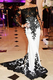 Long Sleeves Prom Dresses Boat Neck Spandex With Applique Sweep Train