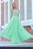 Scoop Prom Dresses A Line Beaded Bodice Chiffon Sweep Train