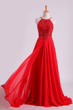 Red Spaghetti Straps Beaded Bodice A-Line Chiffon Prom Dresses