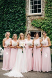 A Line Pink One Shoulder Chiffon Long Simple Bridesmaid Dresses, Wedding Party Dresses SJS15552