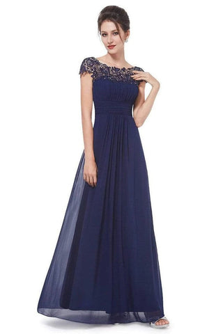 Elegant Lace Cap Sleeve Chiffon Evening Gowns Open Back Bateau Long Prom Dresses SJS15170