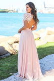 Blush Pink Sweetheart Maxi Dresses Open Back Lace Sleeve Beach Wedding Guest Dresses SJS15566