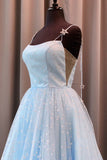 Charming A Line Spaghetti Straps Blue Tulle Prom Dresses with Stars, Dance Dresses SJS15503