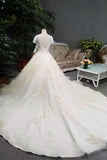 Luxurious Wedding Dresses Tulle Lace Up With Beads Sequins Appliques Short Sleeves