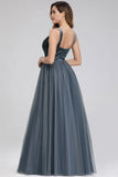 A-Line V-Neck Sleeveless Blue Floor-length Evening Dress Cheap Prom Dresses SJS15055