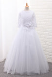 Mid-Length Sleeves Scoop Ball Gown Flower Girl Dresses Tulle With Sash