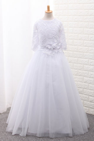 Mid-Length Sleeves Scoop Ball Gown Flower Girl Dresses Tulle With Sash