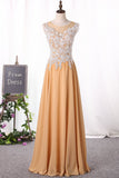 A Line Scoop Prom Dresses Chiffon With Applique Floor Length