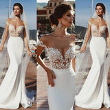 Stunning Mermaid Cap Sleeve Sheer Neck Long Wedding Dresses Beach Wedding Gowns SJS15437