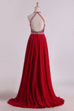 A Line Halter Open Back Prom Dresses Sweep Train Chiffon & Tulle With Beading