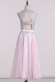 Scoop Beaded Bodice A Line Tulle Tea Length Prom Dresses