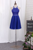 A Line Halter Beaded Bodice Homecoming Dresses Chiffon Open Back