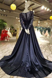 Dark Davy Prom Dresses Removable Train Scoop Tulle With Full Beading Long Sleeves