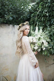 Princess Long Sleeve Lace Top Beach Wedding Dresses With Slit Tulle Ivory Wedding Gowns SJS15299