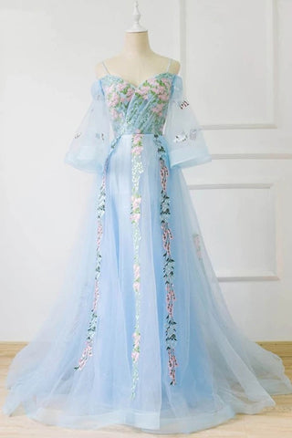 Light Blue Off the Shoulder Half Sleeve Prom Dresses, Sweetheart Evening Dress SJS15238