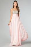 Sexy Prom Dresses Scoop Neckline Princess Floor Length Chiffon Beaded Bodice