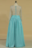 Prom Dresses V Neck Long Sleeves A Line Taffeta With Beading Floor-Length